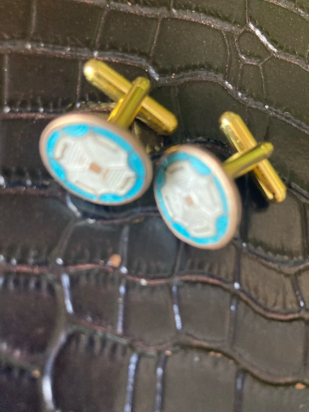 Vintage Russian Guilloché Enamel Cufflinks Turquoise White Melchior 🇨🇳